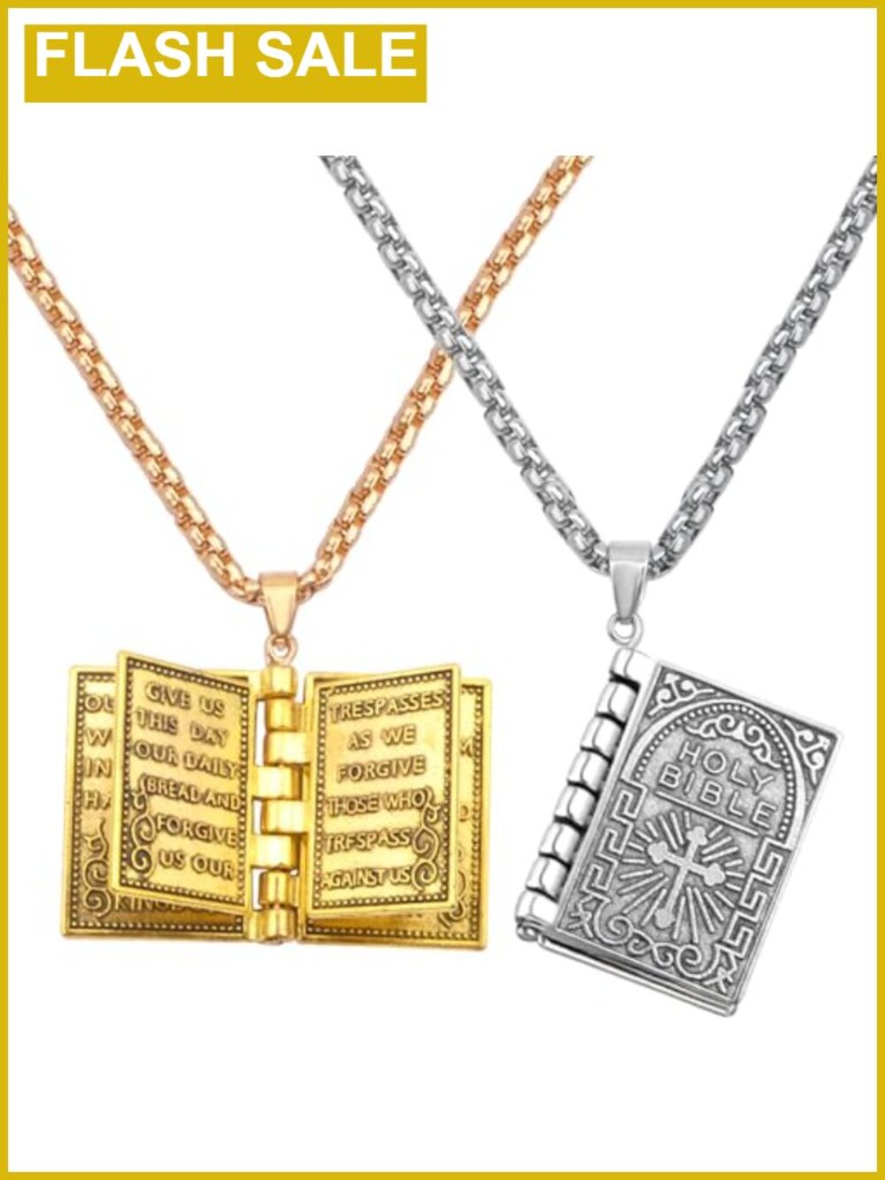 2pc Openable Holy Bible Book Pendant Necklace Alloy Religious Jewelry